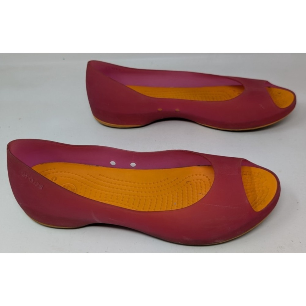 Crocs Shoes Women's Size 9 Pink Orange Carlie Jelly Peep‎ Toe Flats Slip Ons